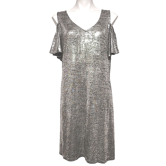 MSK Metallic Cold Shoulder Flutter Sleeve Dress XL Silver - Picture 6 of 11